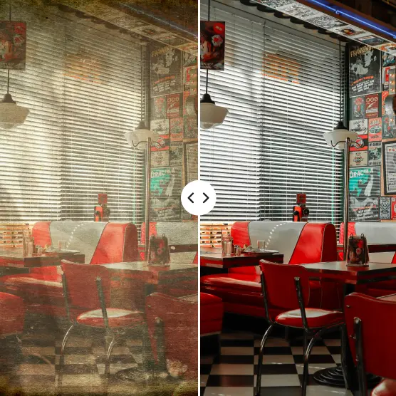 Before and after restoration of a retro diner interior with red seats