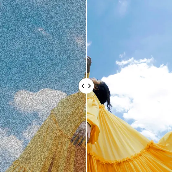 Grainy dress photo enhanced to vibrant scene with blue sky