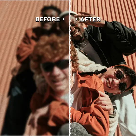 Group of friends against a red wall, split between blurry and sharp