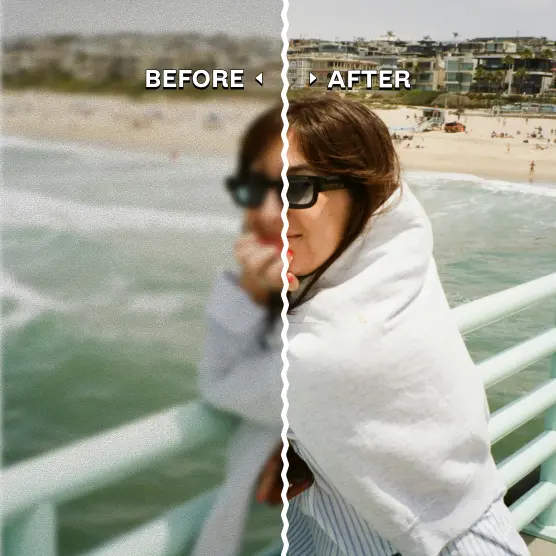 Woman in sunglasses on a pier, split view showing before and after image sharpness