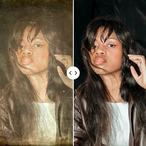Before and after enhancement of a woman’s portrait with long dark hair