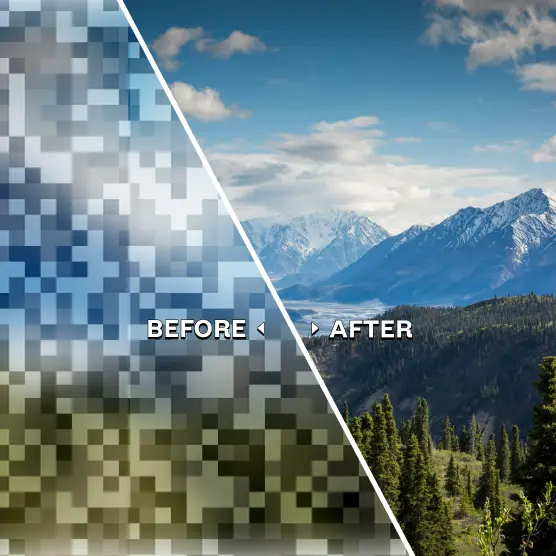 Pixelated vs. high-resolution mountain view with forest