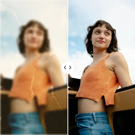 Soft and faded photo of a woman cleaned up into a crisp modern portrait