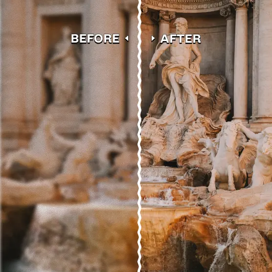 Trevi Fountain in Rome, comparing blurry and sharp versions