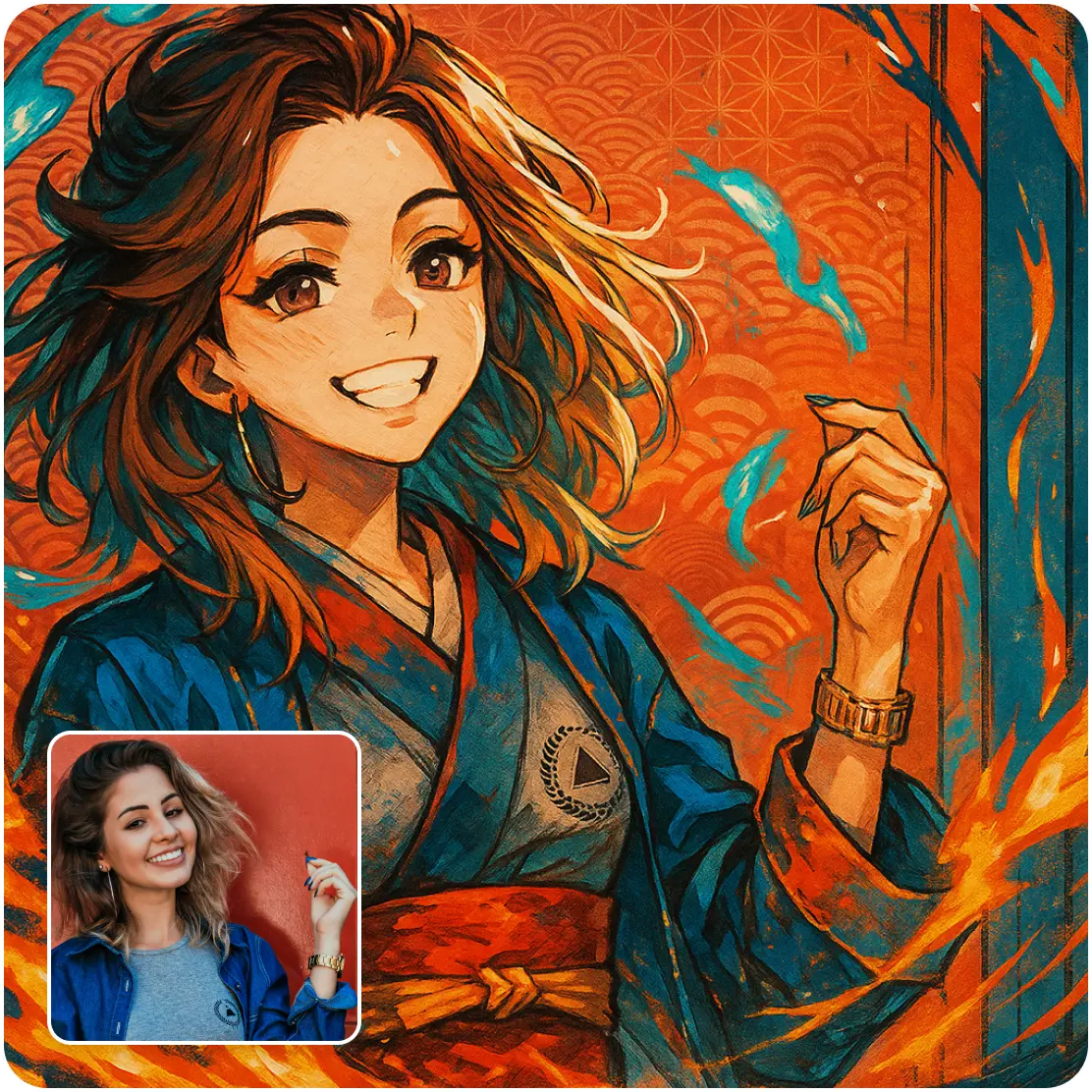 Smiling anime girl in blue and red kimono