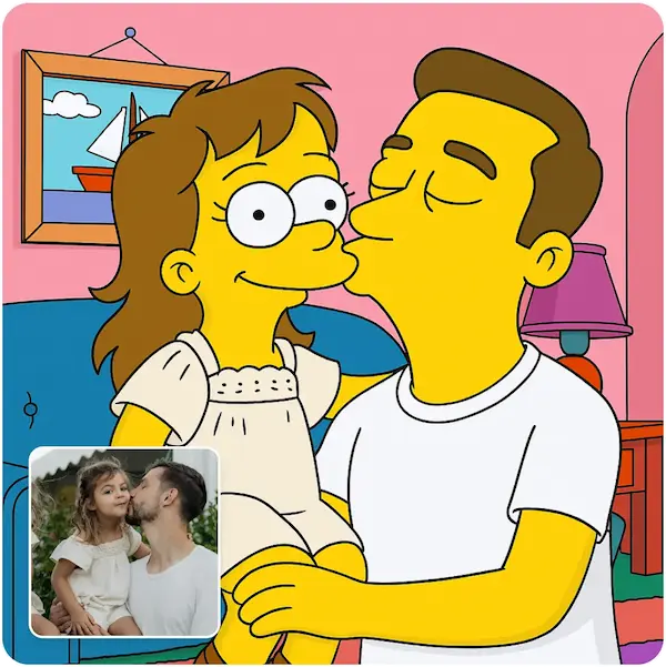 Dad and daughter reimagined as Simpsons characters Simpsons-style dad kissing daughter on the cheek