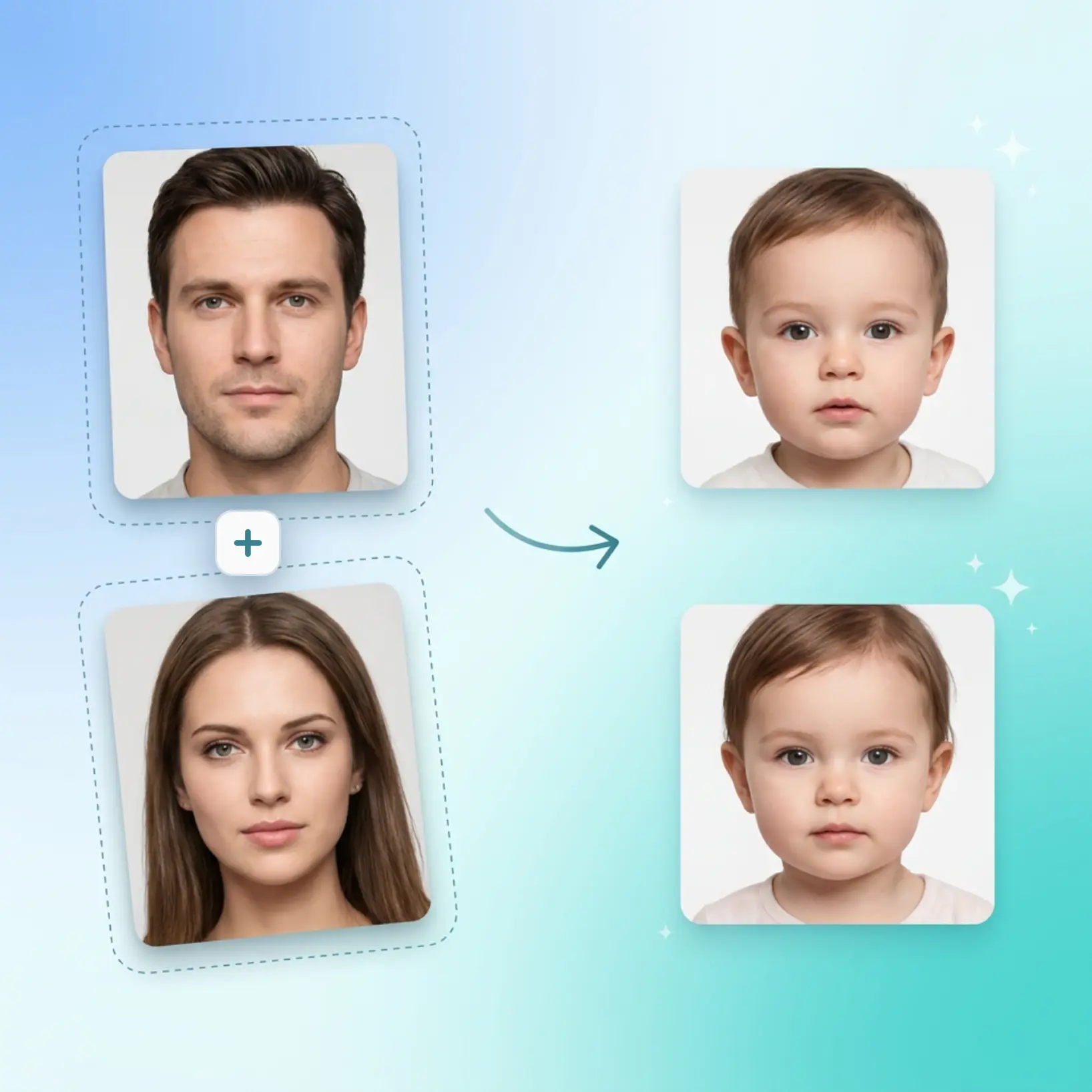 Illustration of AI Baby Generator blending two parent photos to create realistic baby portraits with different possible outcomes