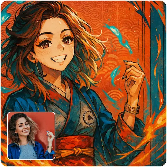 Anime transformation with kimono and flames Smiling anime girl in blue and red kimono