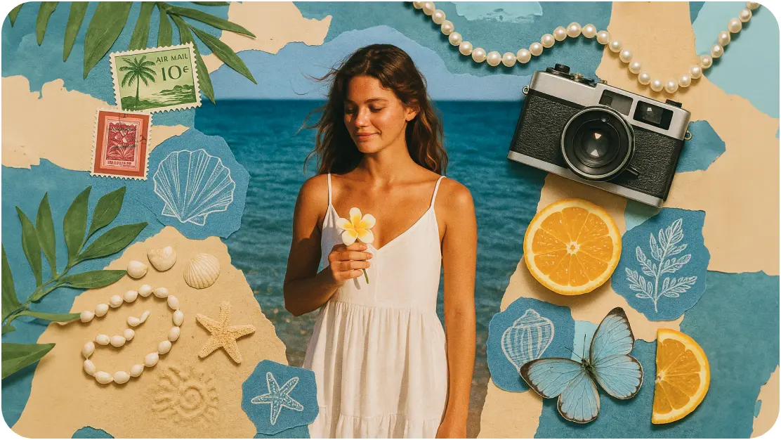 Image Editor Woman on beach with travel collage elements