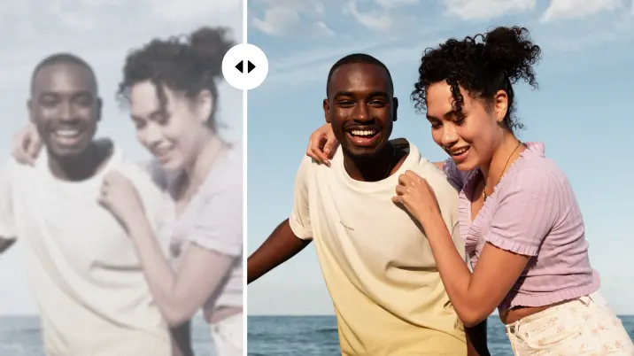 AI Image Enhancer Before and after image enhancement of couple by the sea