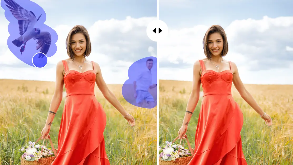 AI Object Remover Woman in red dress with background distractions removed