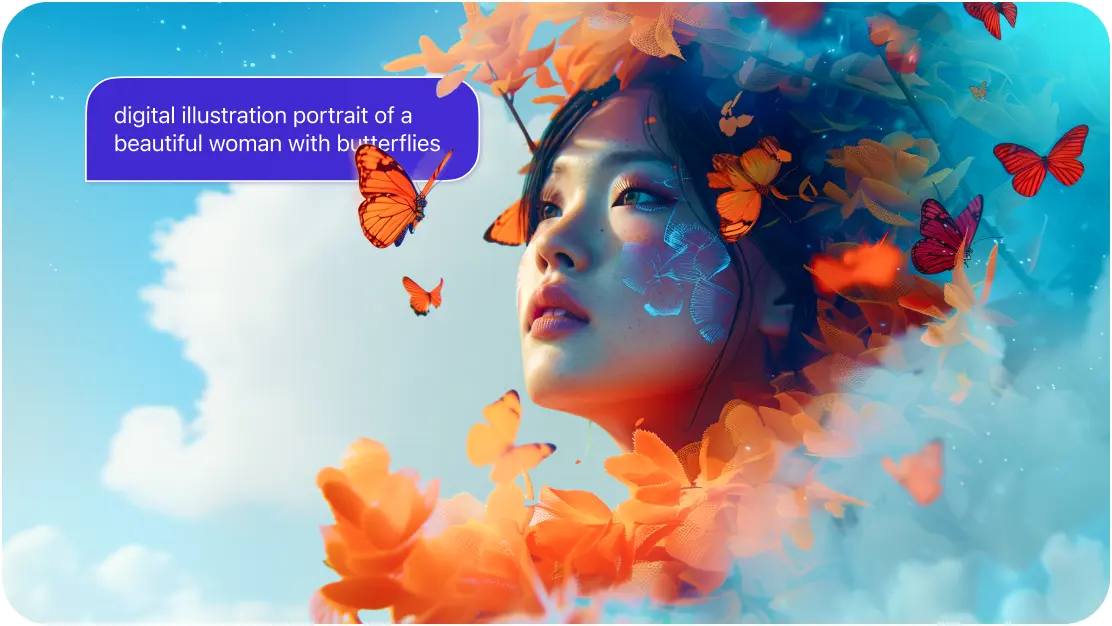 AI Image Generator AI-generated portrait with butterflies and floral elements