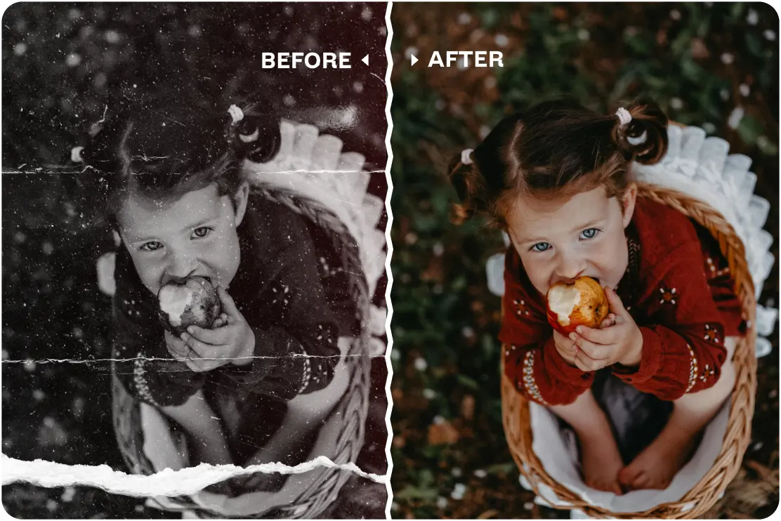 Old, torn black and white photo of a girl in a basket is restored and colorized.