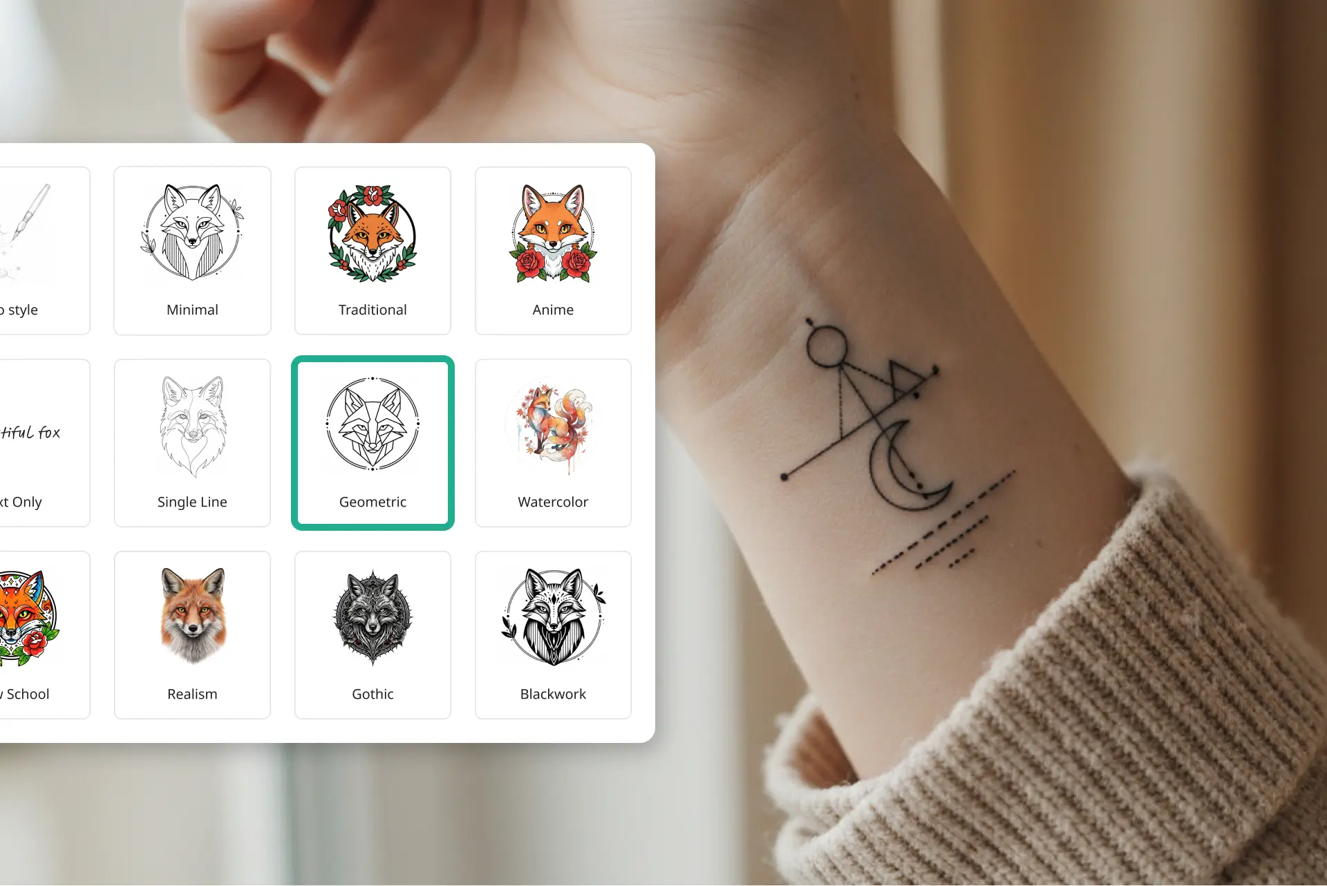 Transform photos into custom tattoo designs with AI Photo to tattoo converter showing AI-generated geometric tattoo design