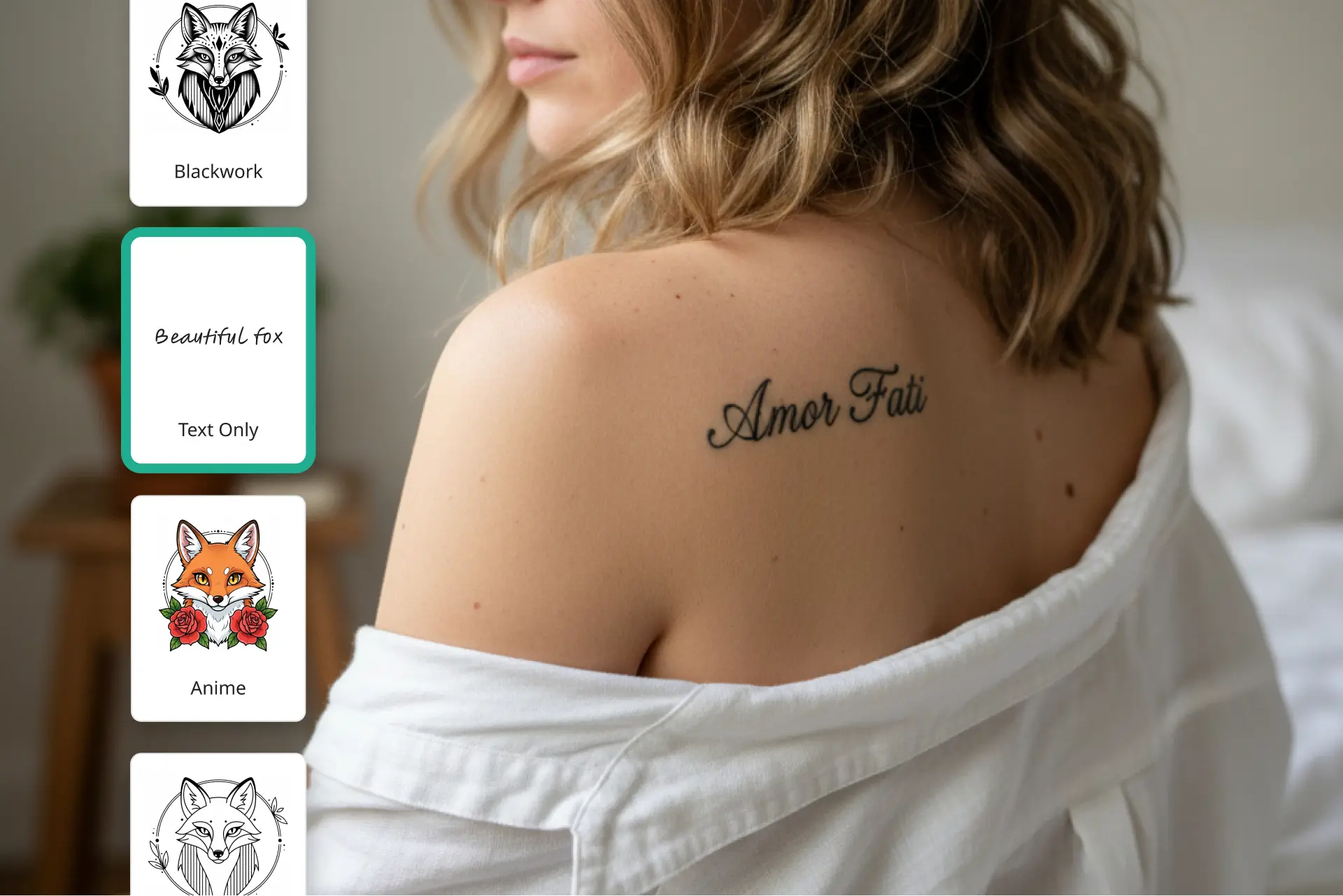 Tattoo font generator showing cursive lettering design previewed on shoulder