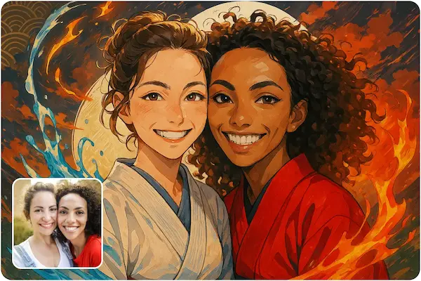 Anime transformation of two best friends with water and fire motifs Anime-style portrait of two smiling women representing water and fire elements
