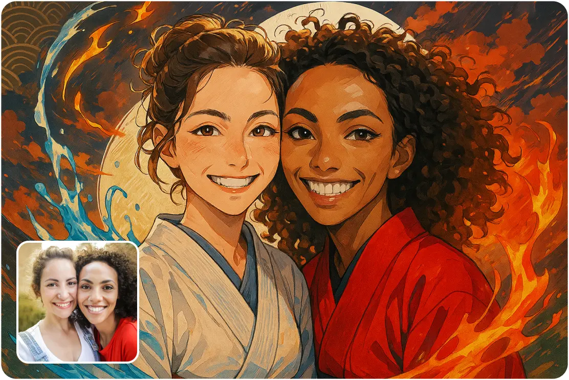 Anime-style portrait of two smiling women representing water and fire elements
