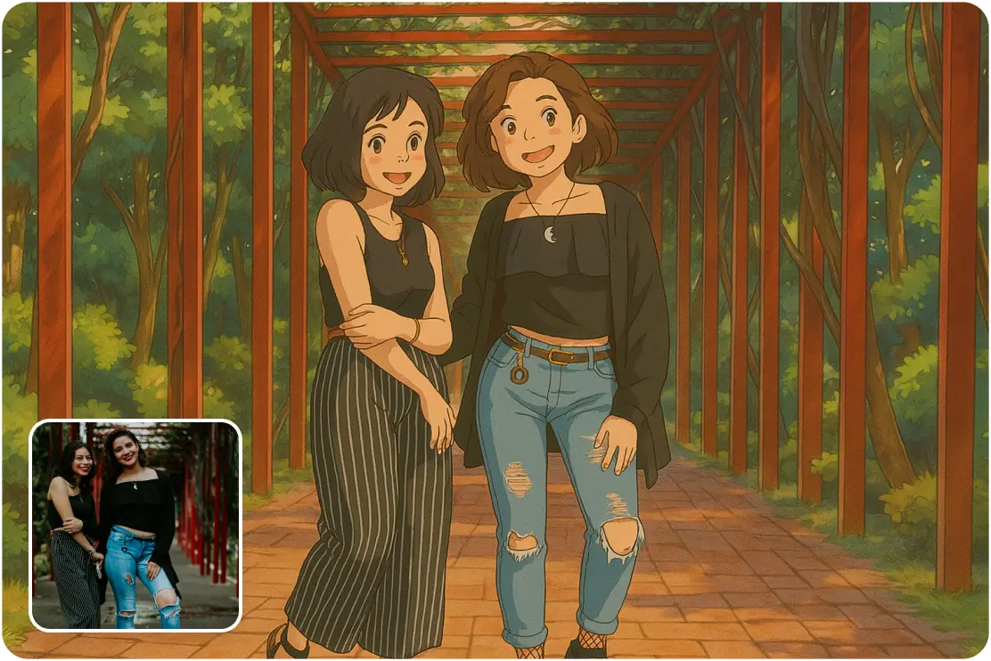 Cartoon-style illustration of two friends walking together