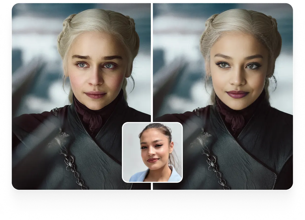 Daenerys Targaryen before and after a face swap with a modern woman
