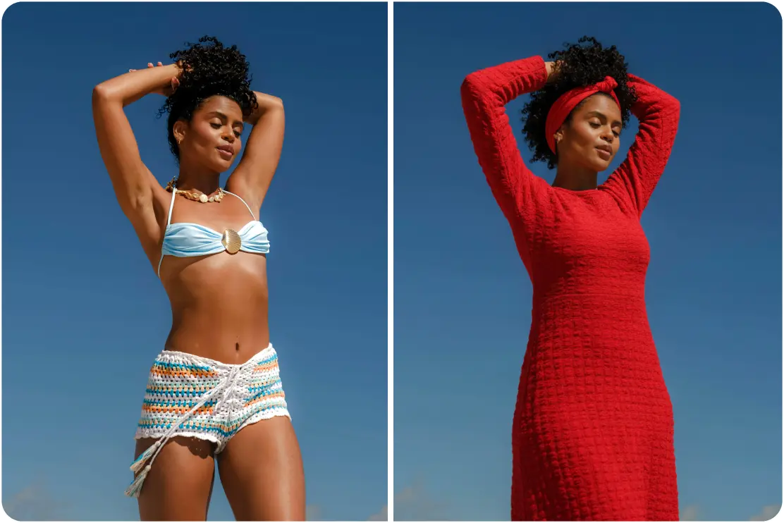 Woman in beachwear and red textured dress under blue sky