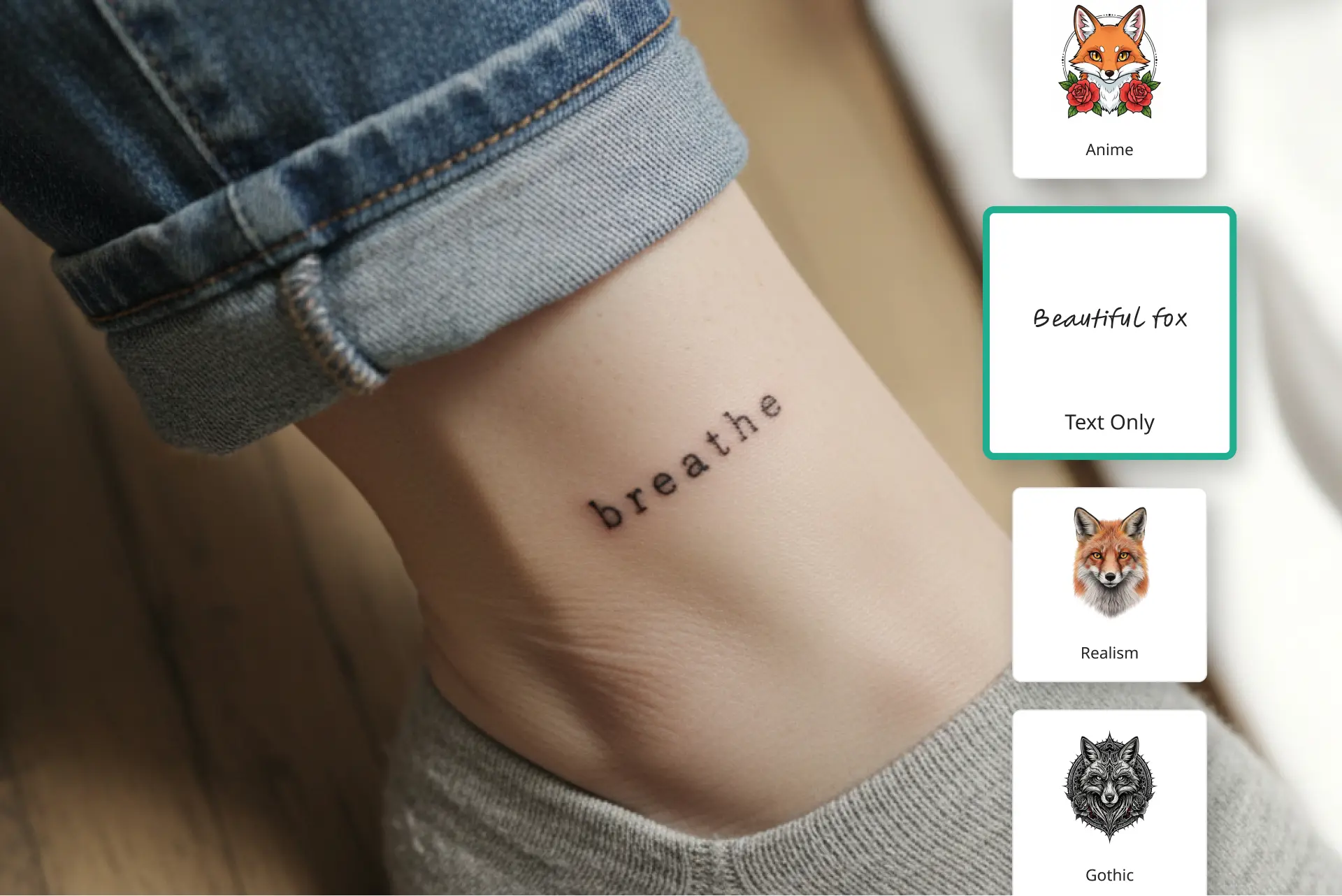 Free AI tattoo text generator interface showing custom script design previewed on leg