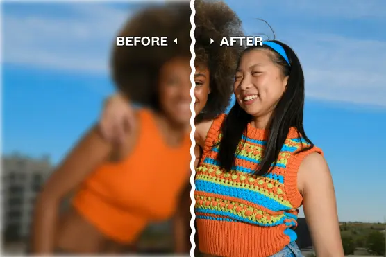 Before (blurry) and after (sharp) comparison of two friends smiling outdoors.