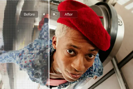 Blurred and pixelated shot of a man transformed into a high-definition portrait