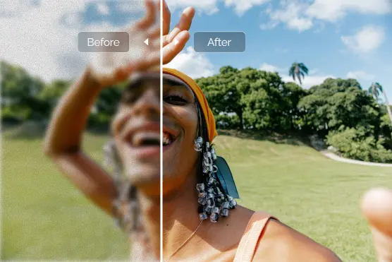 Smiling person outdoors under sunlight, showing a blurry and clear version