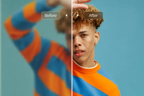 AI Resolution Increaser Man in orange-blue striped sweater sharpened from blurry photo