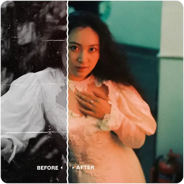 Dark, black and white photo of a woman in a dress is colorized with a warm glow.