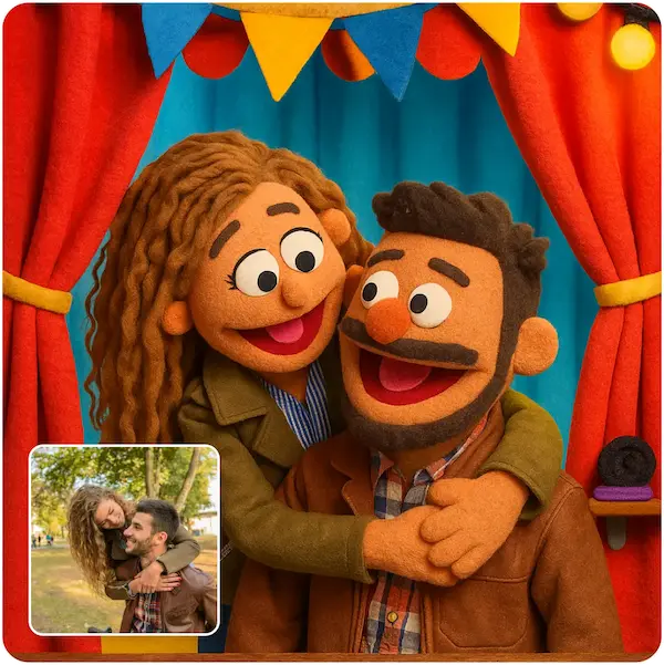 Happy couple in a colorful puppet-style world Couple hugging reimagined as puppets on stage