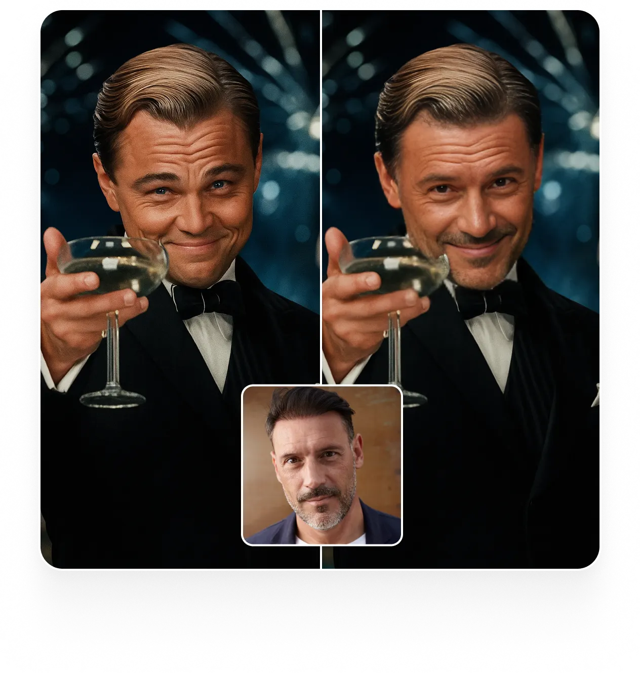 AI face swap example showing a celebrity face swapped onto a different person.