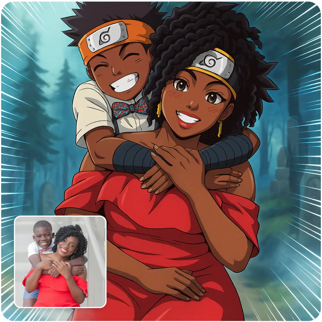 Anime-style portrait of a smiling mom and son in ninja headbands