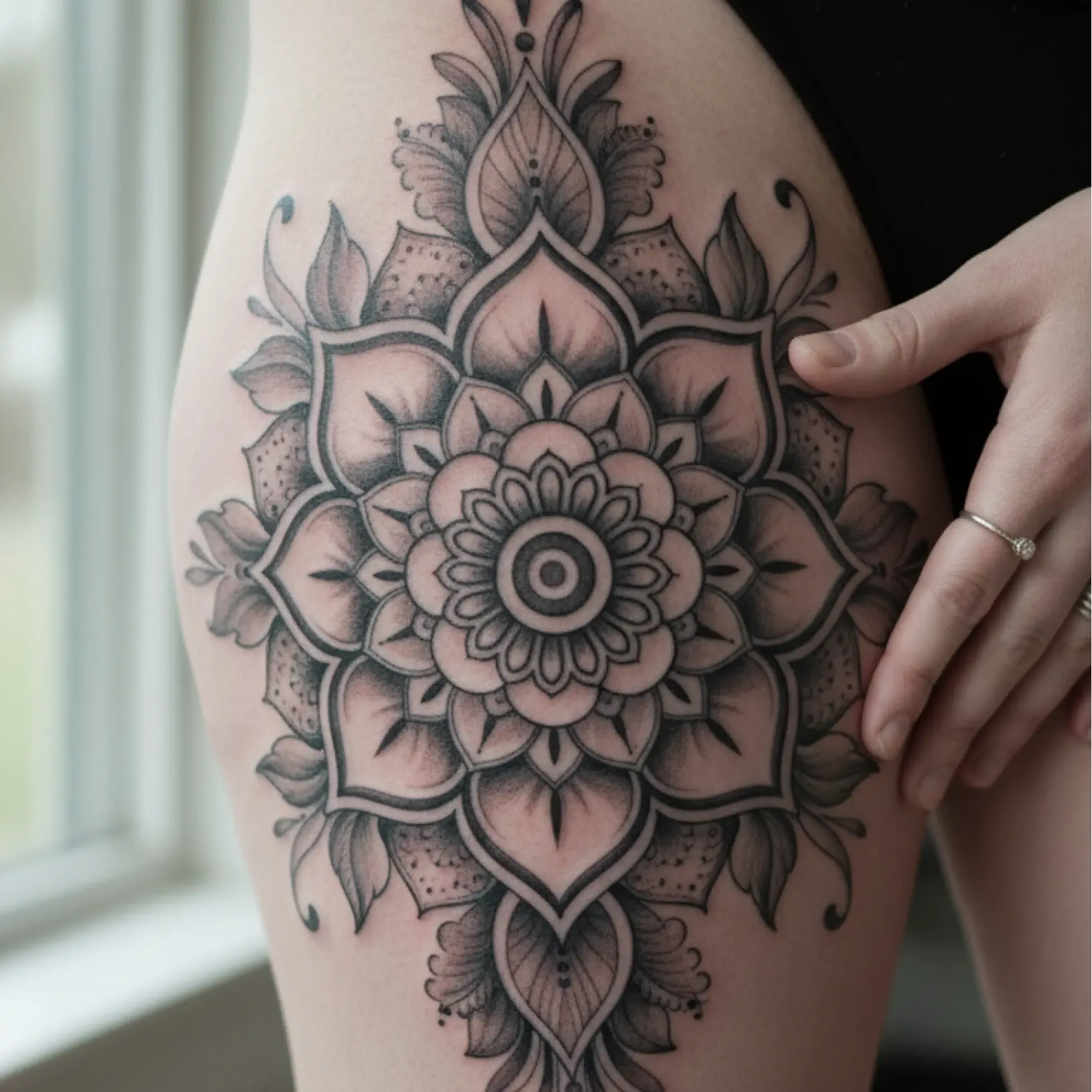 Photo to tattoo converter showing AI-generated tattoo design previewed on leg Photo to tattoo converter showing AI-generated tattoo design previewed on leg