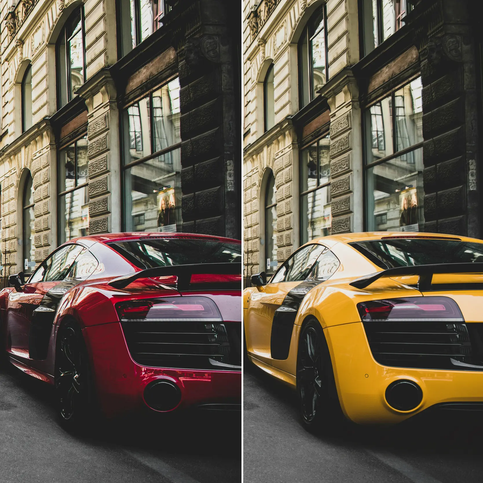 AI Recolor Tool – Car Color Change Before and After | Lift Before and after photo of a sports car with AI color change from red to yellow, demonstrating Lift’s AI Recolor Tool.