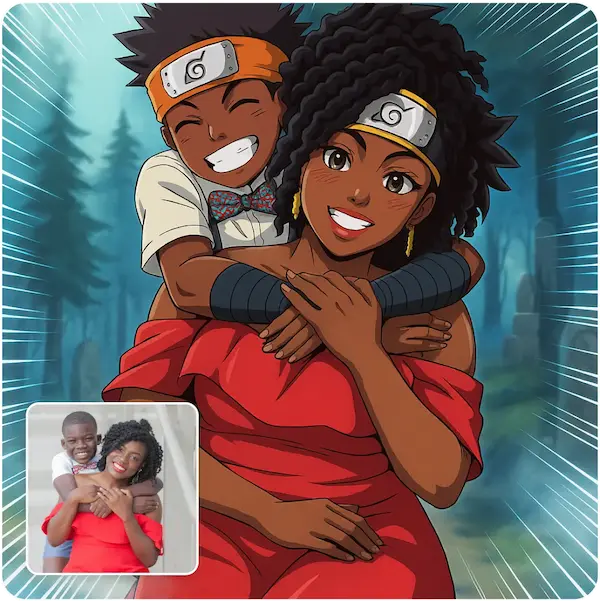 Anime transformation of a mother and son in Naruto-style theme Anime-style portrait of a smiling mom and son in ninja headbands