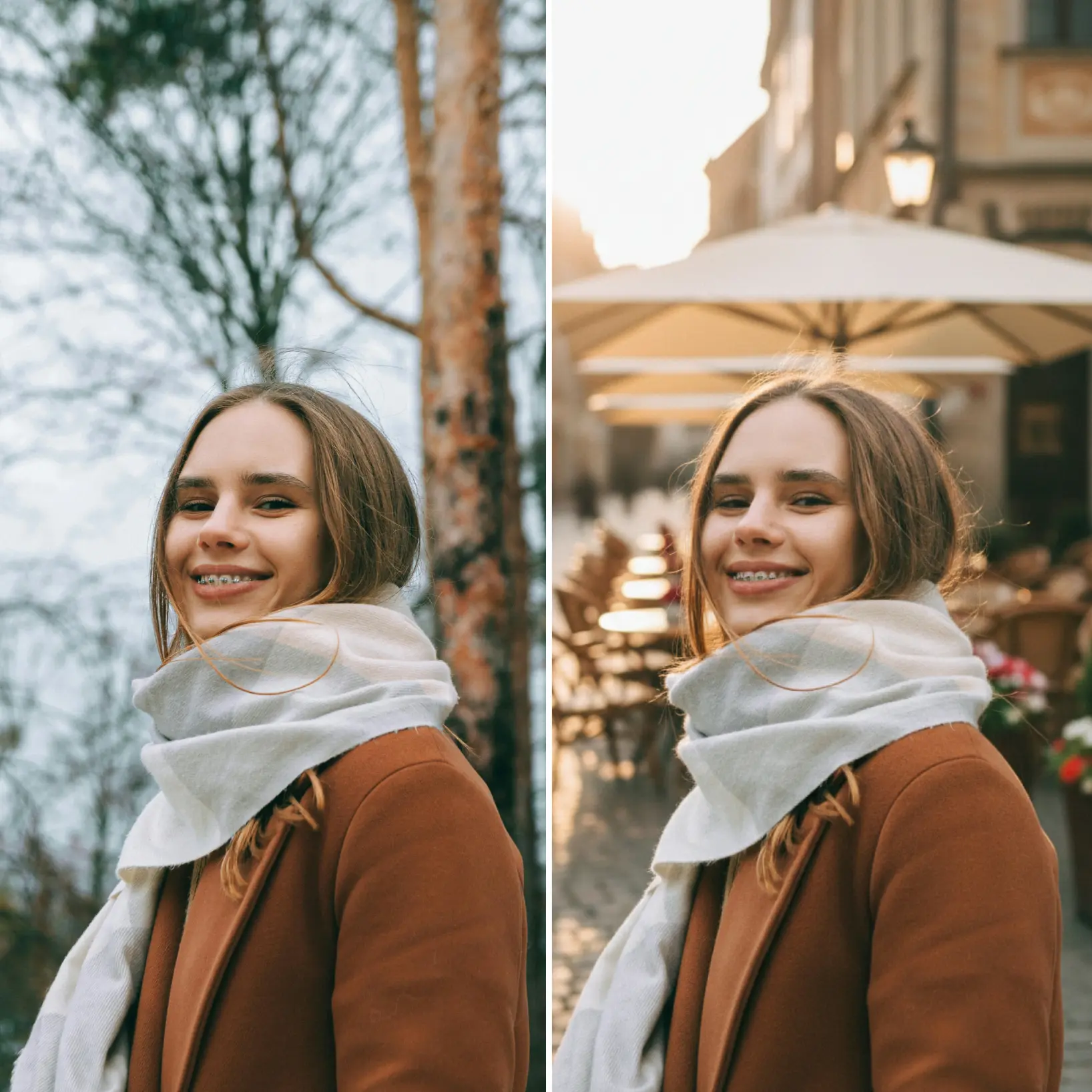 Before-and-after example of photo background replacement Before-and-after example of photo background replacement