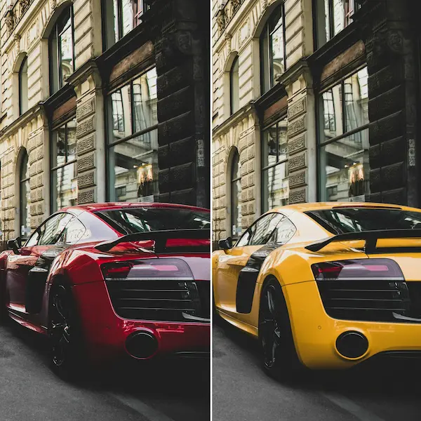 Before and after photo of a sports car with AI color change from red to yellow, demonstrating Lift’s AI Recolor Tool.