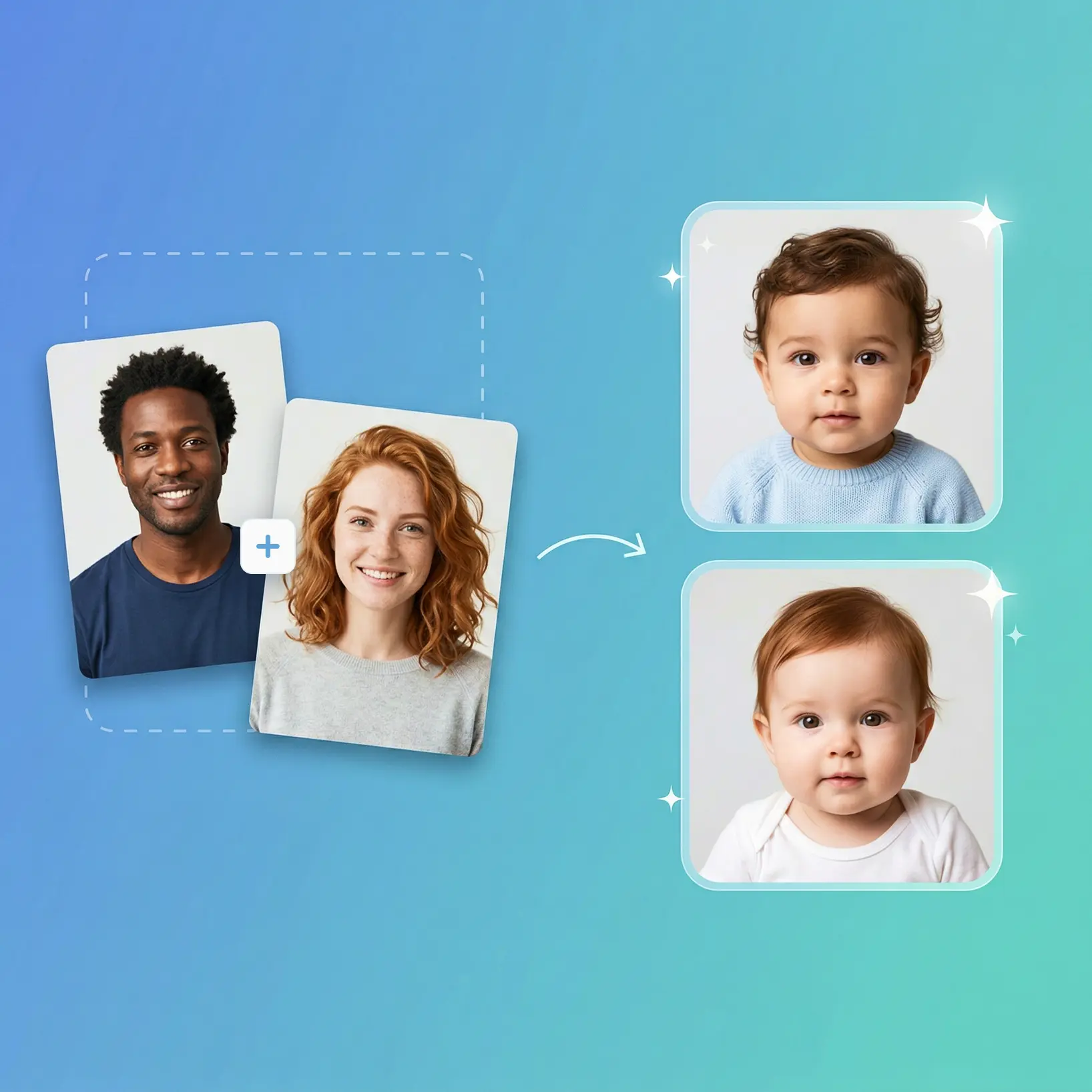 Illustration of baby face generator process showing two parent photos uploaded and multiple AI-generated baby portraits as results using Lift