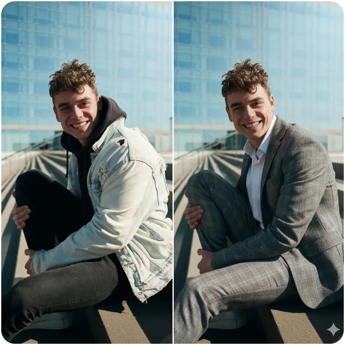 Man sitting on stairs in casual denim and formal suit looks