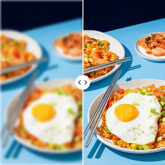 Split image: blurry photo of kimchi fried rice on left, sharp and clear photo on right