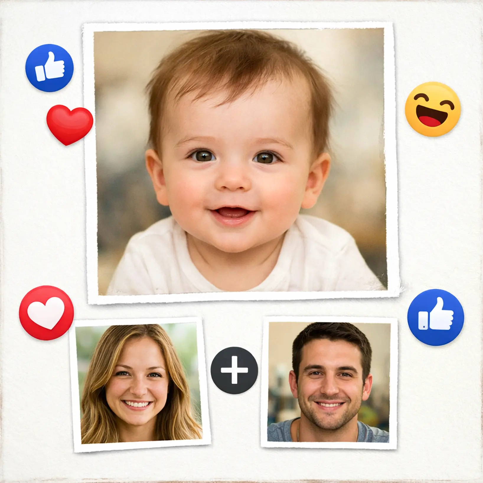 Example of AI Baby Generator showing a baby portrait created from two parent photos with realistic blended facial features and social reactions icons