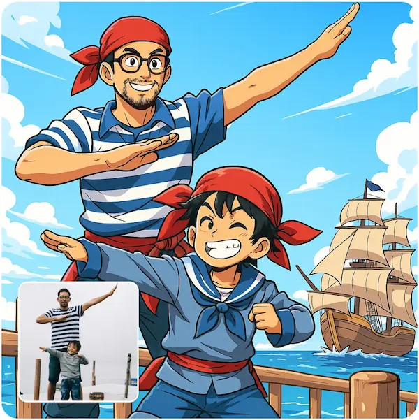 Father and son as cheerful pirates on a ship Anime-style father and son posing like pirates on a ship