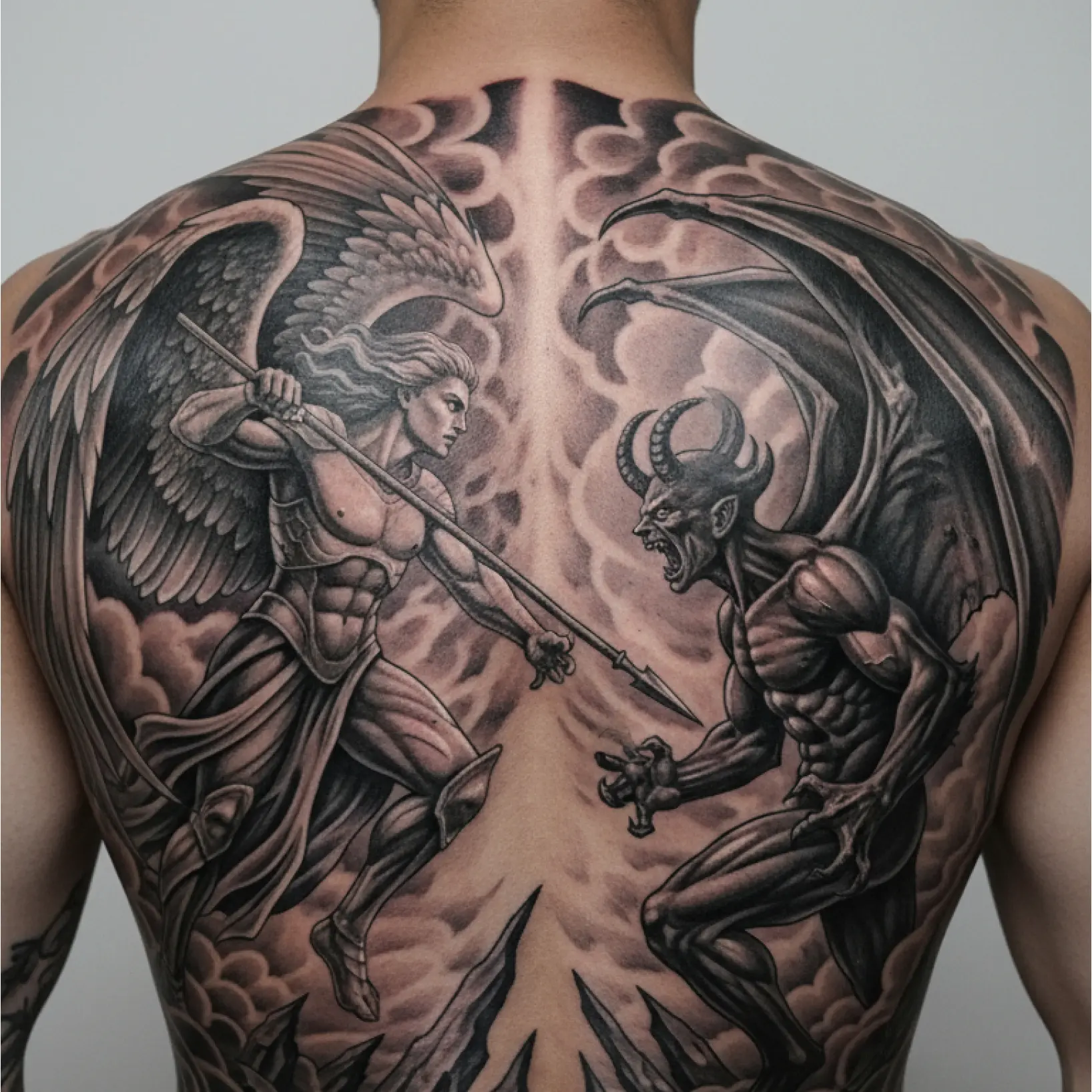 Photo to tattoo converter showing AI-generated tattoo design previewed on back Photo to tattoo converter showing AI-generated tattoo design previewed on back